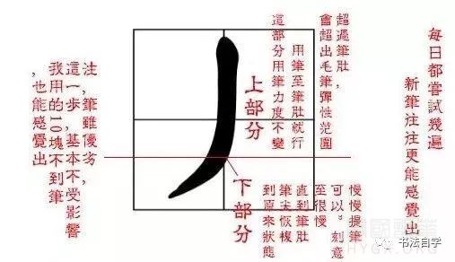 利用毛筆彈性，刻意從『丿』筆畫開始體會