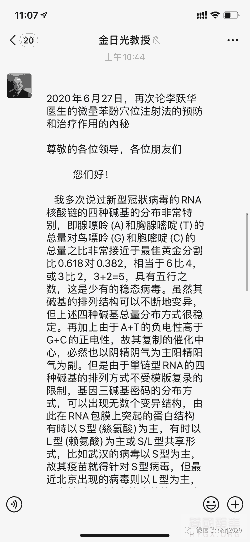 2020年6月27日，金日光教授再次論李躍華醫生的微量苯酚穴位注射法的預防和治療作用 ... ...